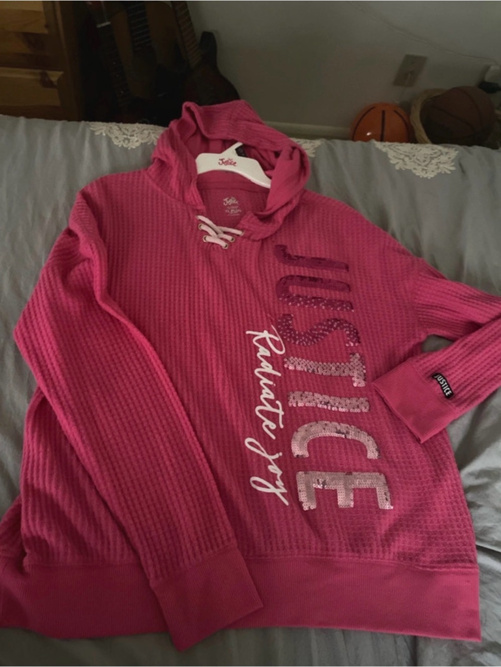Justice Hot Pink Hooded Waffle-Knit Sweater with Sequin Script